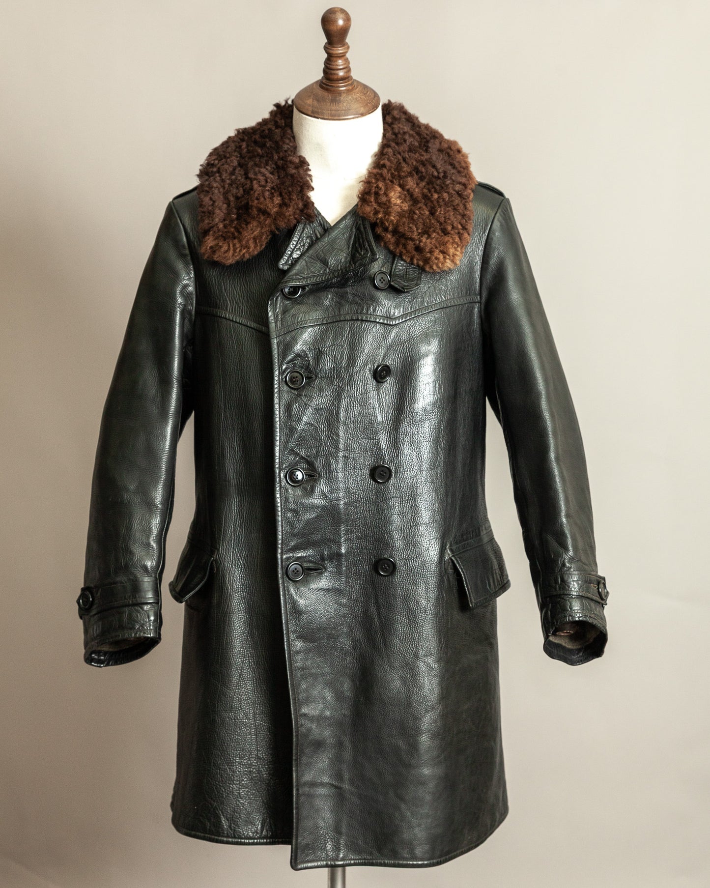 Vintage 1940s Swedish Officers Goatskin Leather Trench Coat Sheepskin Collar – Medium (42)