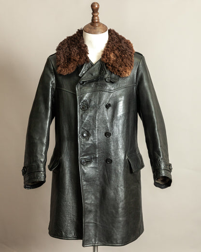 Vintage 1940s Swedish Officers Goatskin Leather Trench Coat Sheepskin Collar – Medium (42)