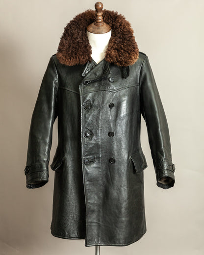 Vintage 1940s Swedish Officers Goatskin Leather Trench Coat Sheepskin Collar – Medium (42)