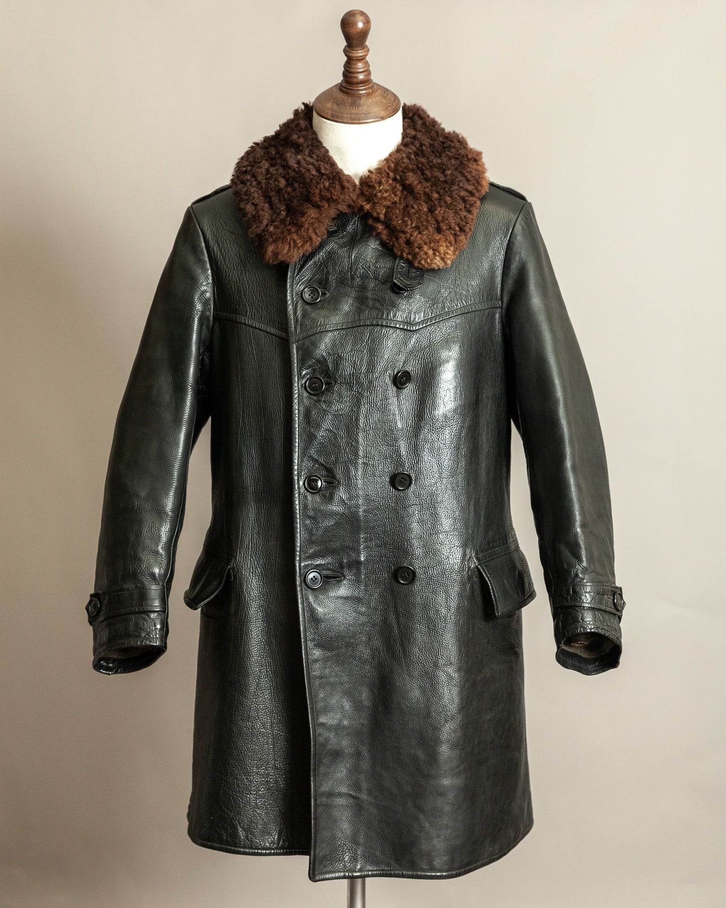 Vintage 1940s Swedish Officers Goatskin Leather Trench Coat Sheepskin Collar – Medium (42)