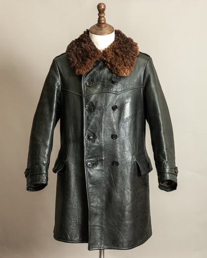 Vintage 1940s Swedish Officers Goatskin Leather Trench Coat Sheepskin Collar – Medium (42)