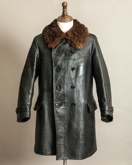 Vintage 1940s Swedish Officers Goatskin Leather Trench Coat Sheepskin Collar – Medium (42)