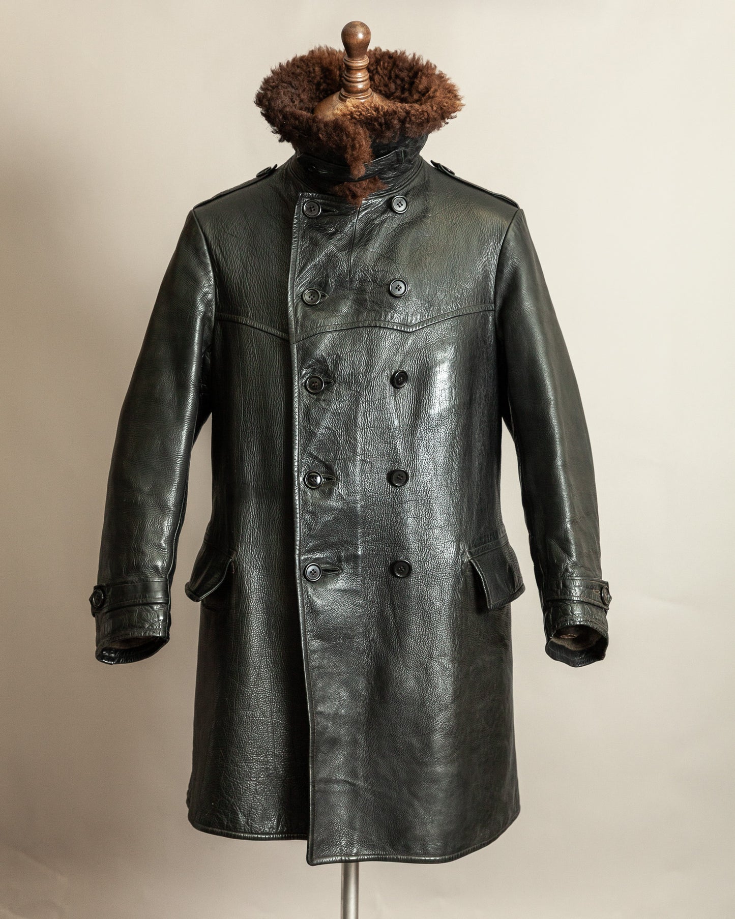 Vintage 1940s Swedish Officers Goatskin Leather Trench Coat Sheepskin Collar – Medium (42)