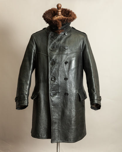 Vintage 1940s Swedish Officers Goatskin Leather Trench Coat Sheepskin Collar – Medium (42)