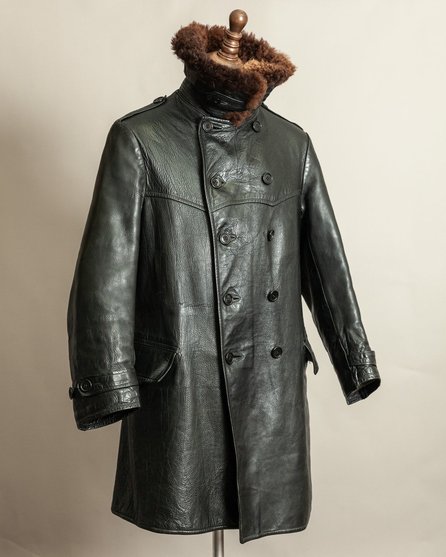 Vintage 1940s Swedish Officers Goatskin Leather Trench Coat Sheepskin Collar – Medium (42)