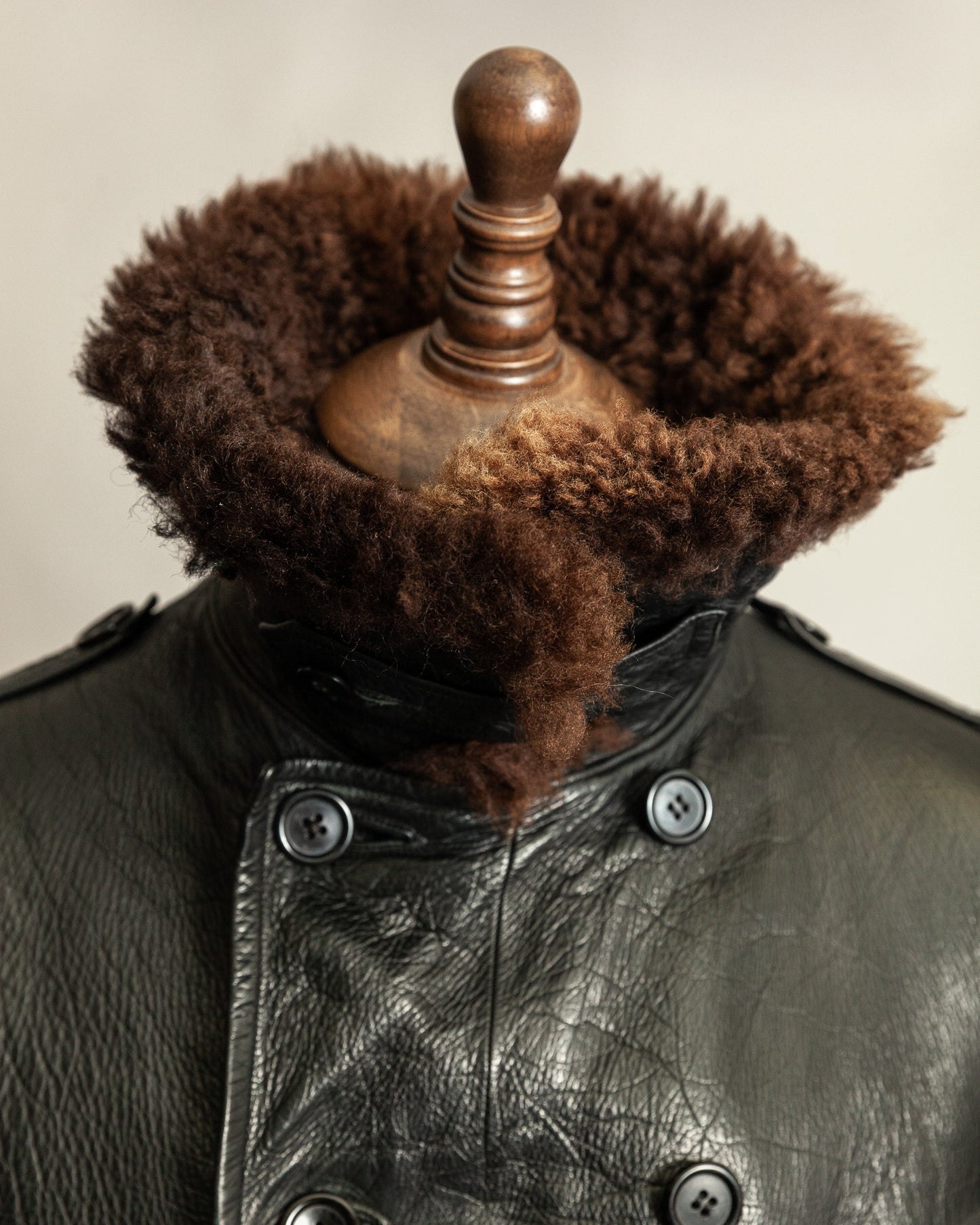 Vintage 1940s Swedish Officers Goatskin Leather Trench Coat Sheepskin Collar – Medium (42)