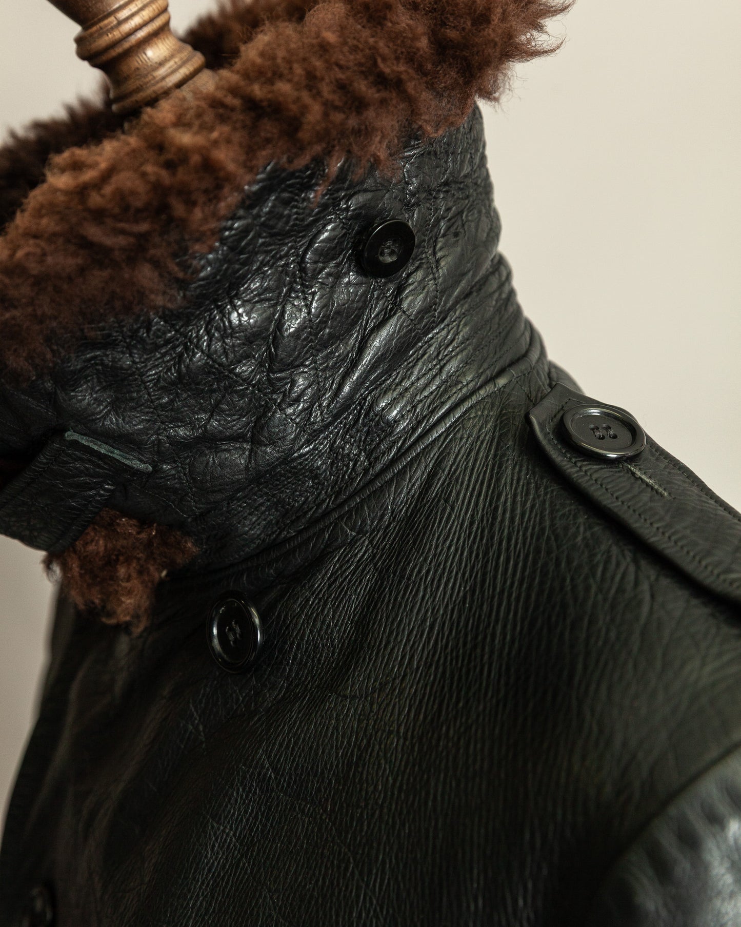 Vintage 1940s Swedish Officers Goatskin Leather Trench Coat Sheepskin Collar – Medium (42)