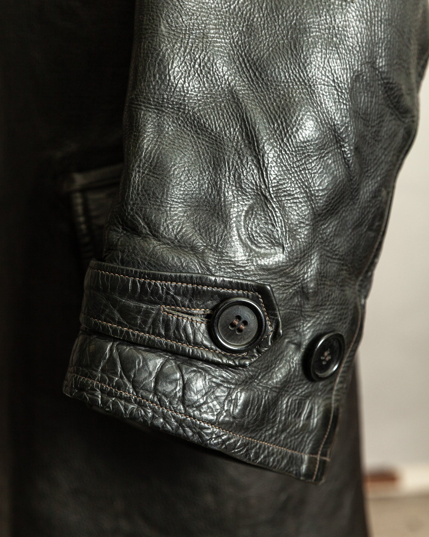 Vintage 1940s Swedish Officers Goatskin Leather Trench Coat Sheepskin Collar – Medium (42)