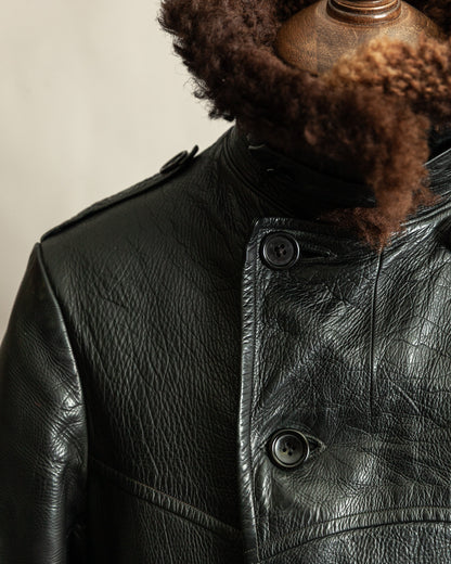 Vintage 1940s Swedish Officers Goatskin Leather Trench Coat Sheepskin Collar – Medium (42)