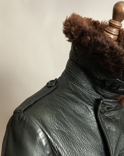 Vintage 1940s Swedish Officers Goatskin Leather Trench Coat Sheepskin Collar – Medium (42)