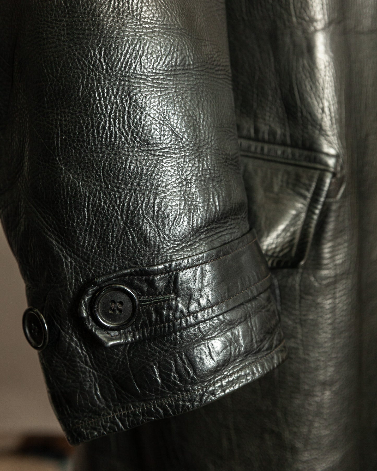 Vintage 1940s Swedish Officers Goatskin Leather Trench Coat Sheepskin Collar – Medium (42)