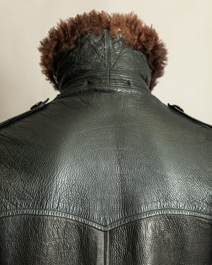 Vintage 1940s Swedish Officers Goatskin Leather Trench Coat Sheepskin Collar – Medium (42)