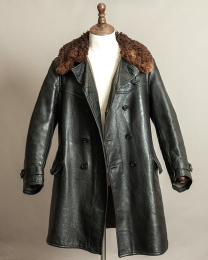Vintage 1940s Swedish Officers Goatskin Leather Trench Coat Sheepskin Collar – Medium (42)