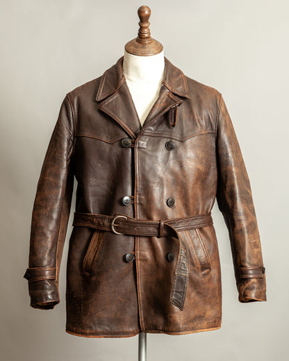 Vintage 1940s French Leather Motorist Car Coat Belted Jacket Medium (42)