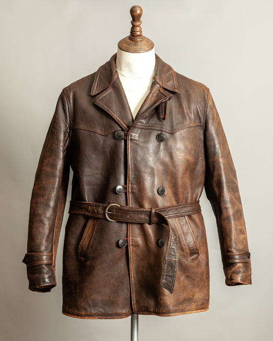 Vintage 1940s French Leather Motorist Car Coat Belted Jacket Medium (42)