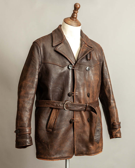 Vintage 1940s French Leather Motorist Car Coat Belted Jacket Medium (42)