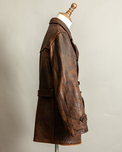 Vintage 1940s French Leather Motorist Car Coat Belted Jacket Medium (42)