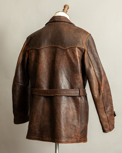 Vintage 1940s French Leather Motorist Car Coat Belted Jacket Medium (42)