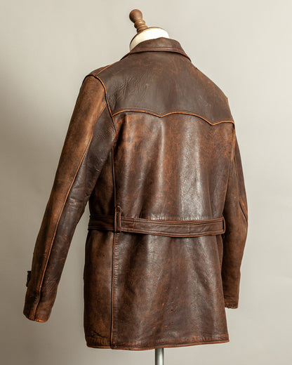 Vintage 1940s French Leather Motorist Car Coat Belted Jacket Medium (42)