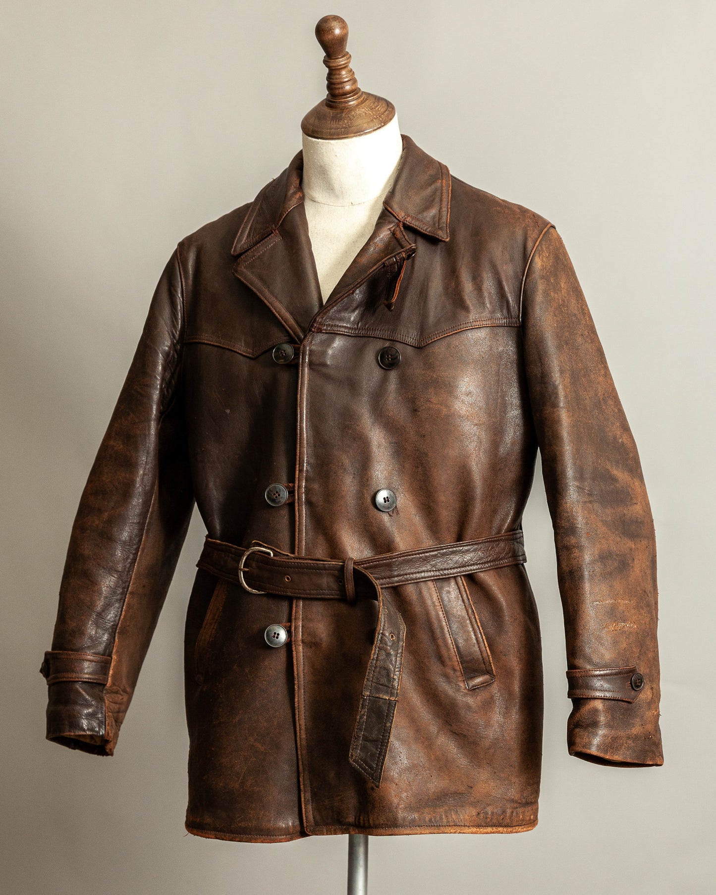 Vintage 1940s French Leather Motorist Car Coat Belted Jacket Medium (42)