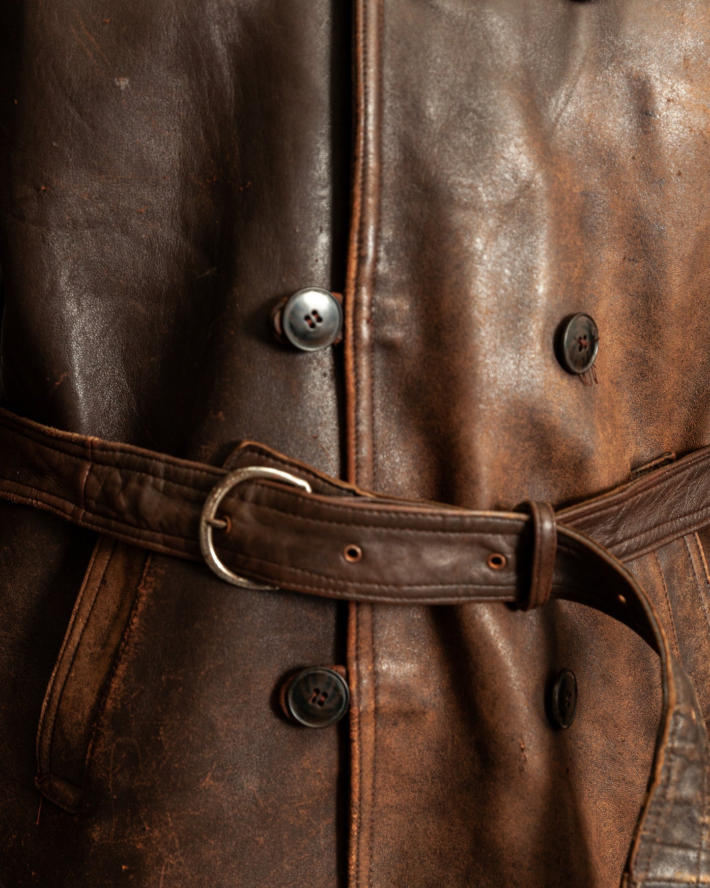 Vintage 1940s French Leather Motorist Car Coat Belted Jacket Medium (42)