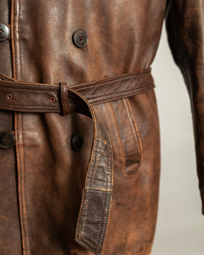 Vintage 1940s French Leather Motorist Car Coat Belted Jacket Medium (42)