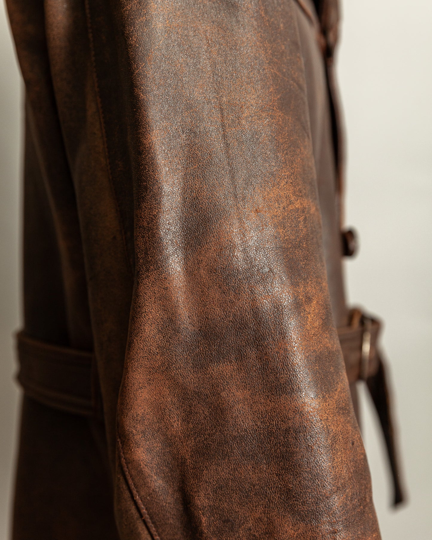 Vintage 1940s French Leather Motorist Car Coat Belted Jacket Medium (42)