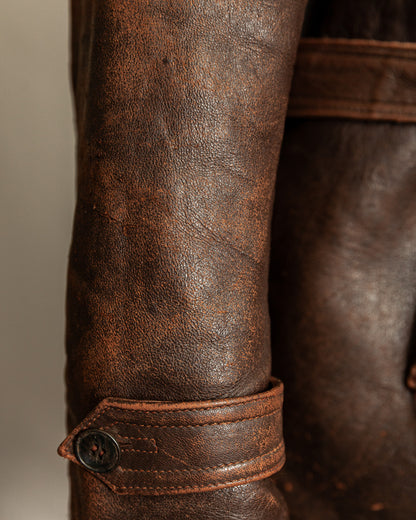 Vintage 1940s French Leather Motorist Car Coat Belted Jacket Medium (42)