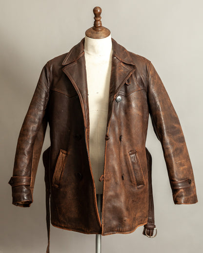 Vintage 1940s French Leather Motorist Car Coat Belted Jacket Medium (42)