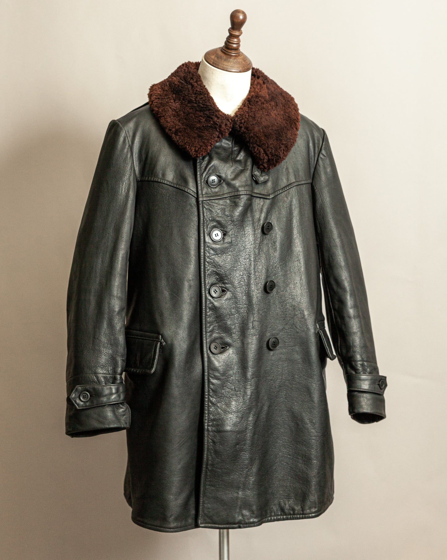 Vintage 1940s Swedish Malungs Military Leather Trench Coat XL (46)
