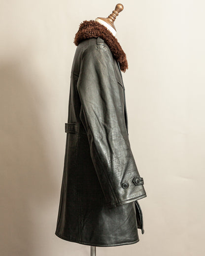 Swedish Military 1940s Black leather Trench coat with a wool collar on a mannequin against a neutral background