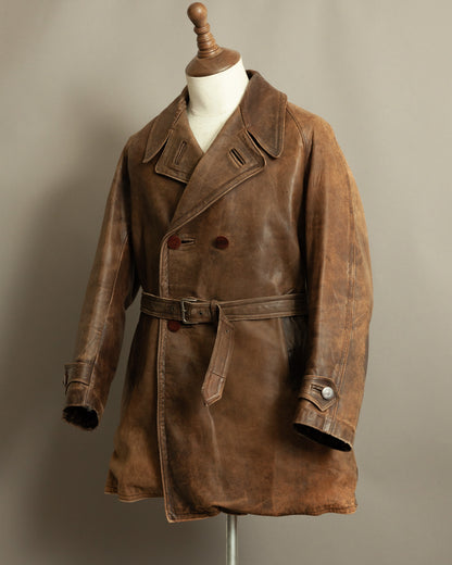 WW2 1940s French Resistance Leather Trench Coat - Small (38-40)