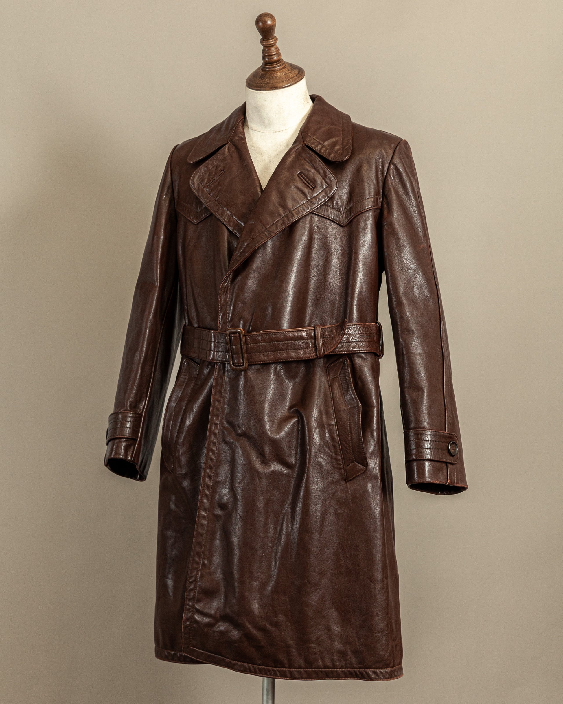 Vintage 1940s German Horsehide Leather Officer Trench Coat