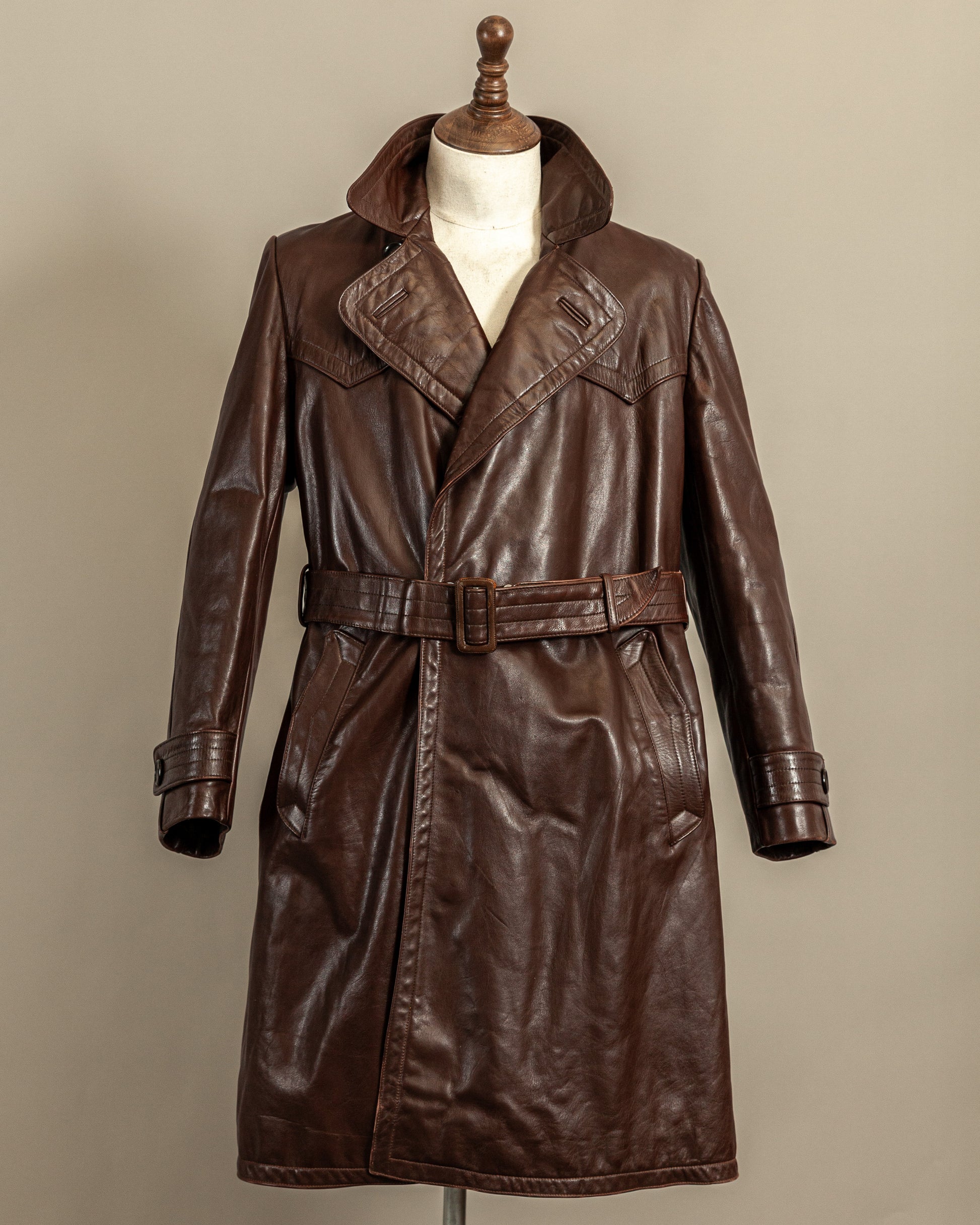 Vintage 1940s German Horsehide Leather Officer Trench Coat