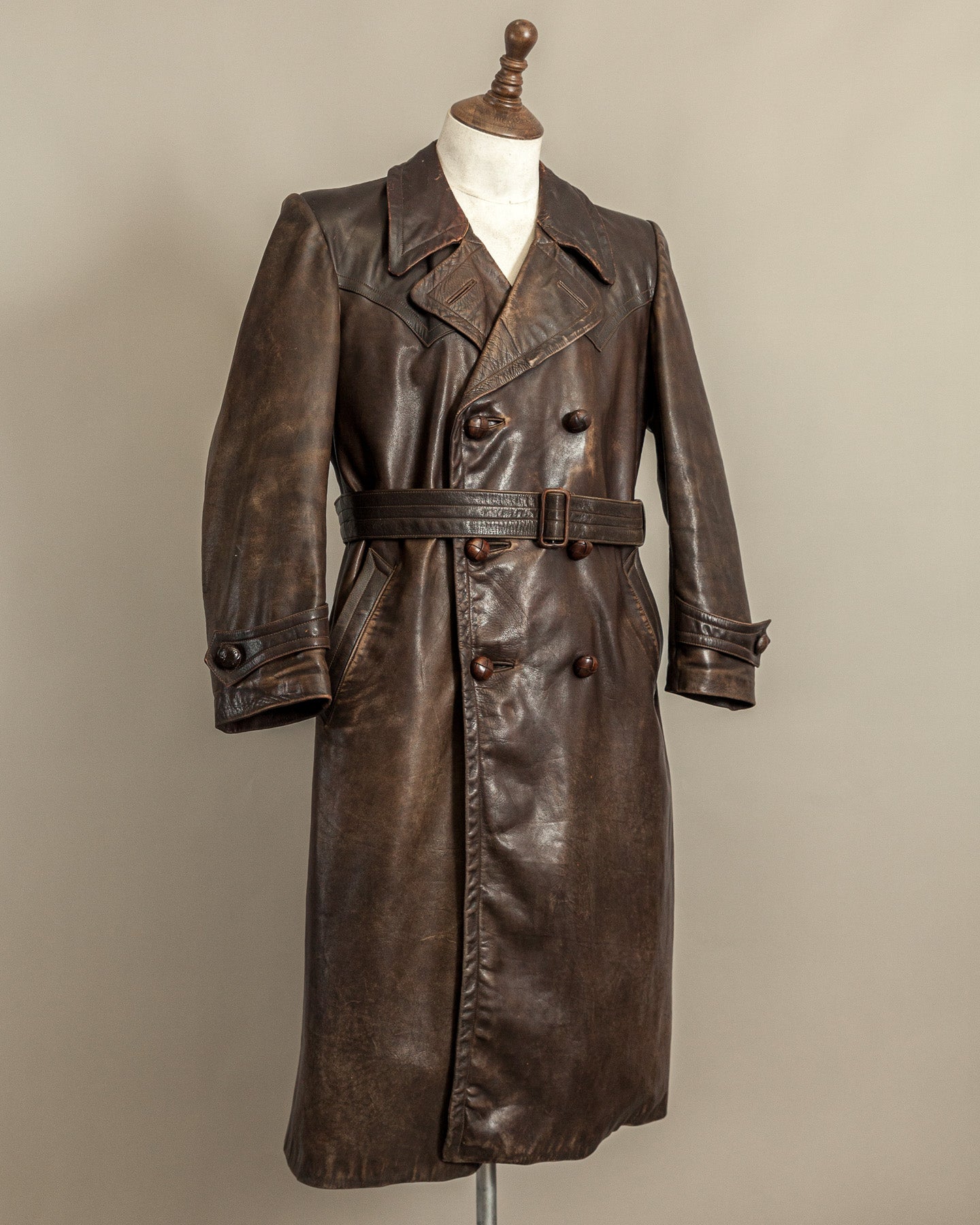 Vintage WWII German Officer Horsehide Leather Trench Coat