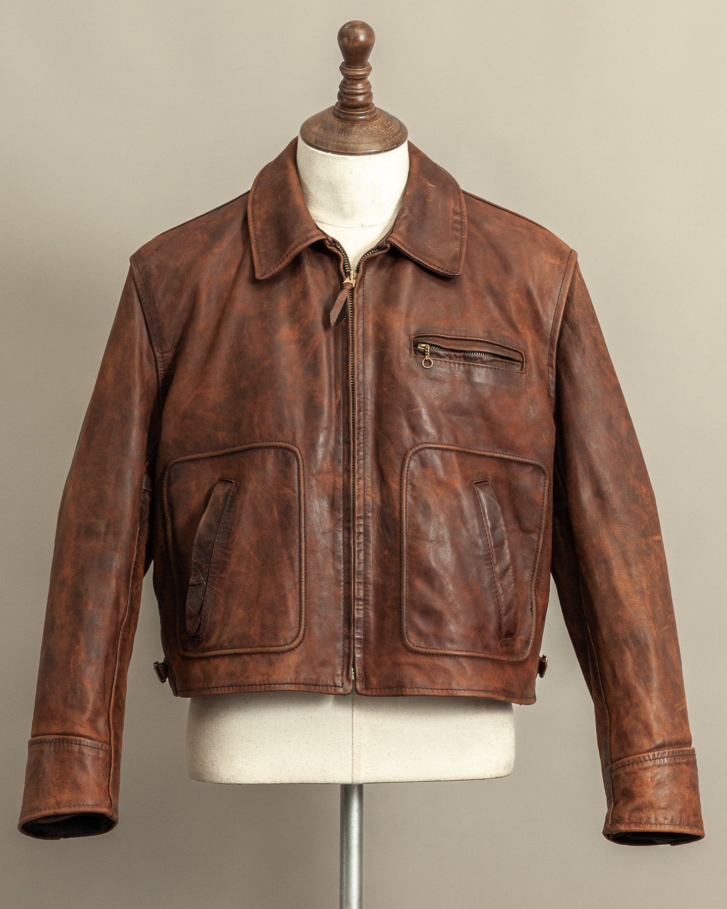Vintage Aero Leather Montgomery jacket in open grain front quarter horsehide, professionally restored, shown on mannequin
