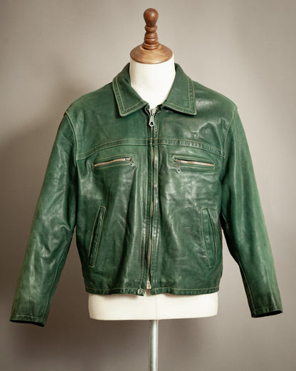 Vintage 1980s Chevignon Green Leather Biker Jacket – Large (42 -44 Short)