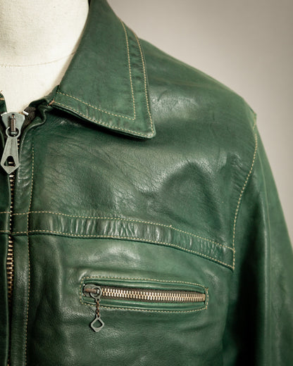 Vintage 1980s Chevignon Green Leather Biker Jacket – Large (42 -44 Short)