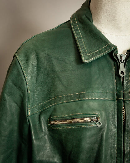 Vintage 1980s Chevignon Green Leather Biker Jacket – Large (42 -44 Short)