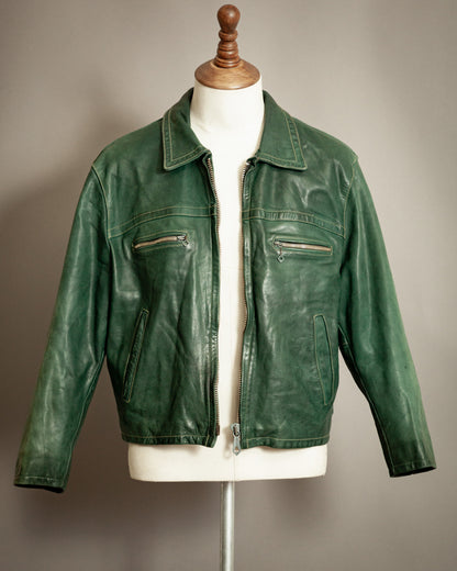 Vintage 1980s Chevignon Green Leather Biker Jacket – Large (42 -44 Short)