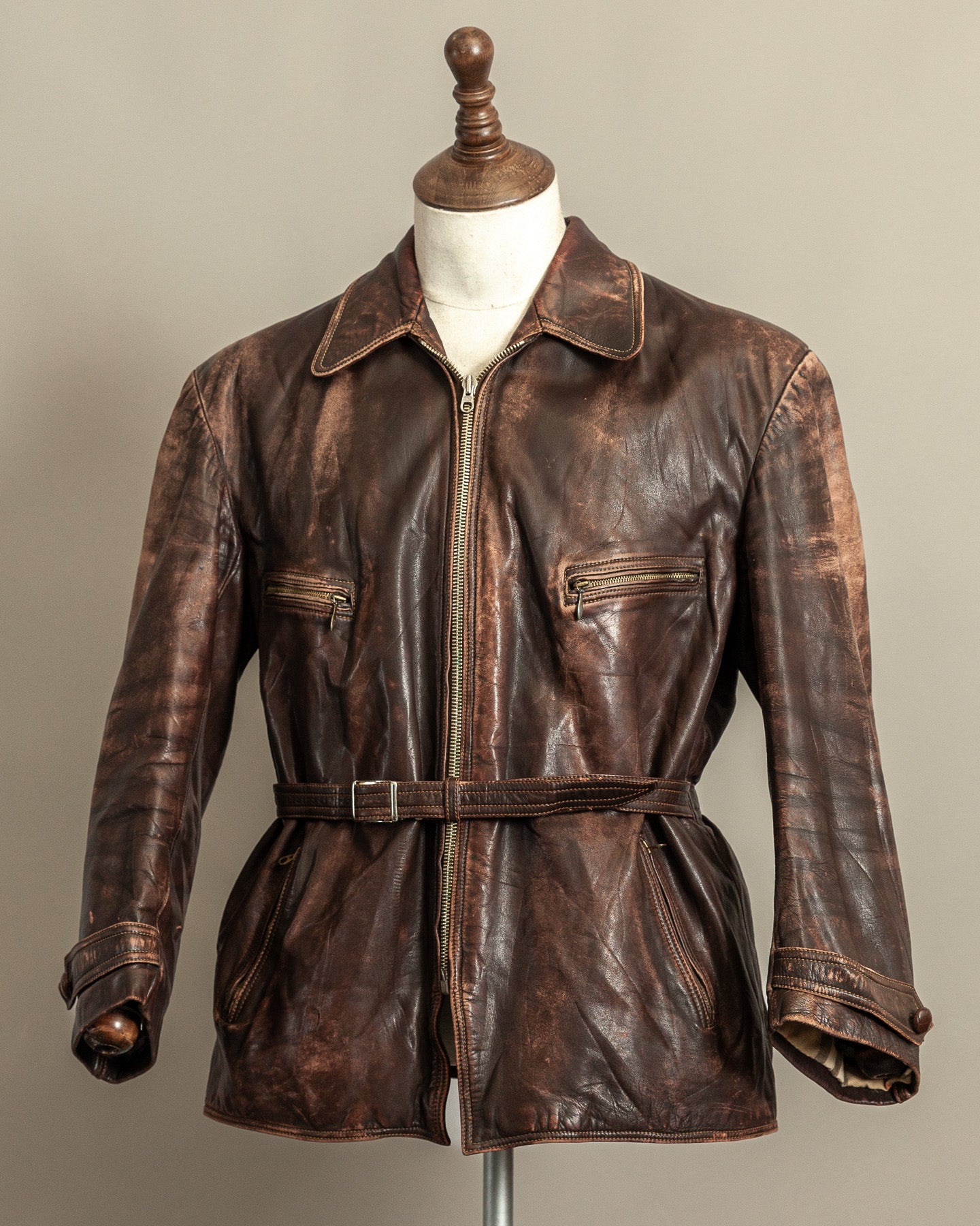 1940s German Horsehide Leather Motorcycle Jacket Ries Zips