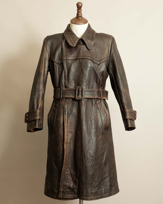 Original German senior officer leather trench coat, circa 1940s, private-purchase WWII leather trench with belt