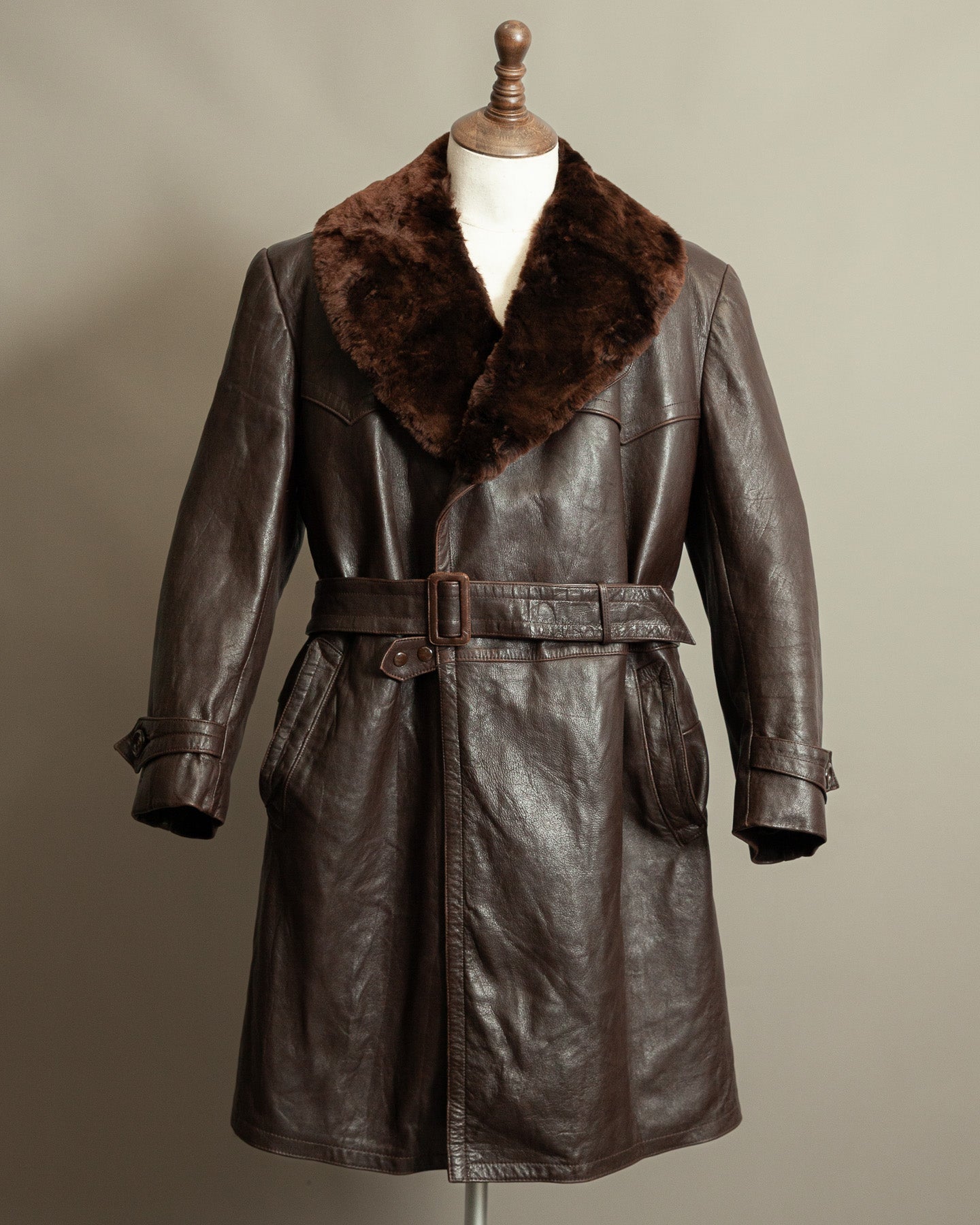 1940s German Vintage Ledermantel Leather Trench Coat "Fur Collar"