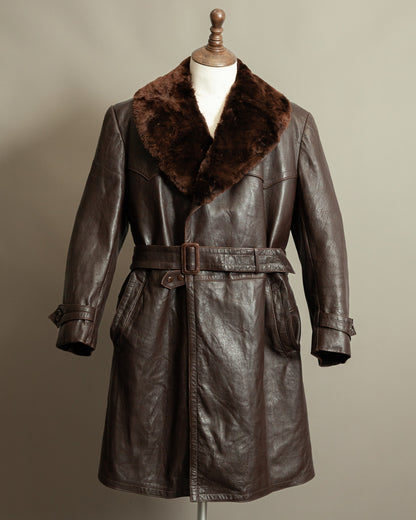1940s German Vintage Ledermantel Leather Trench Coat "Fur Collar"
