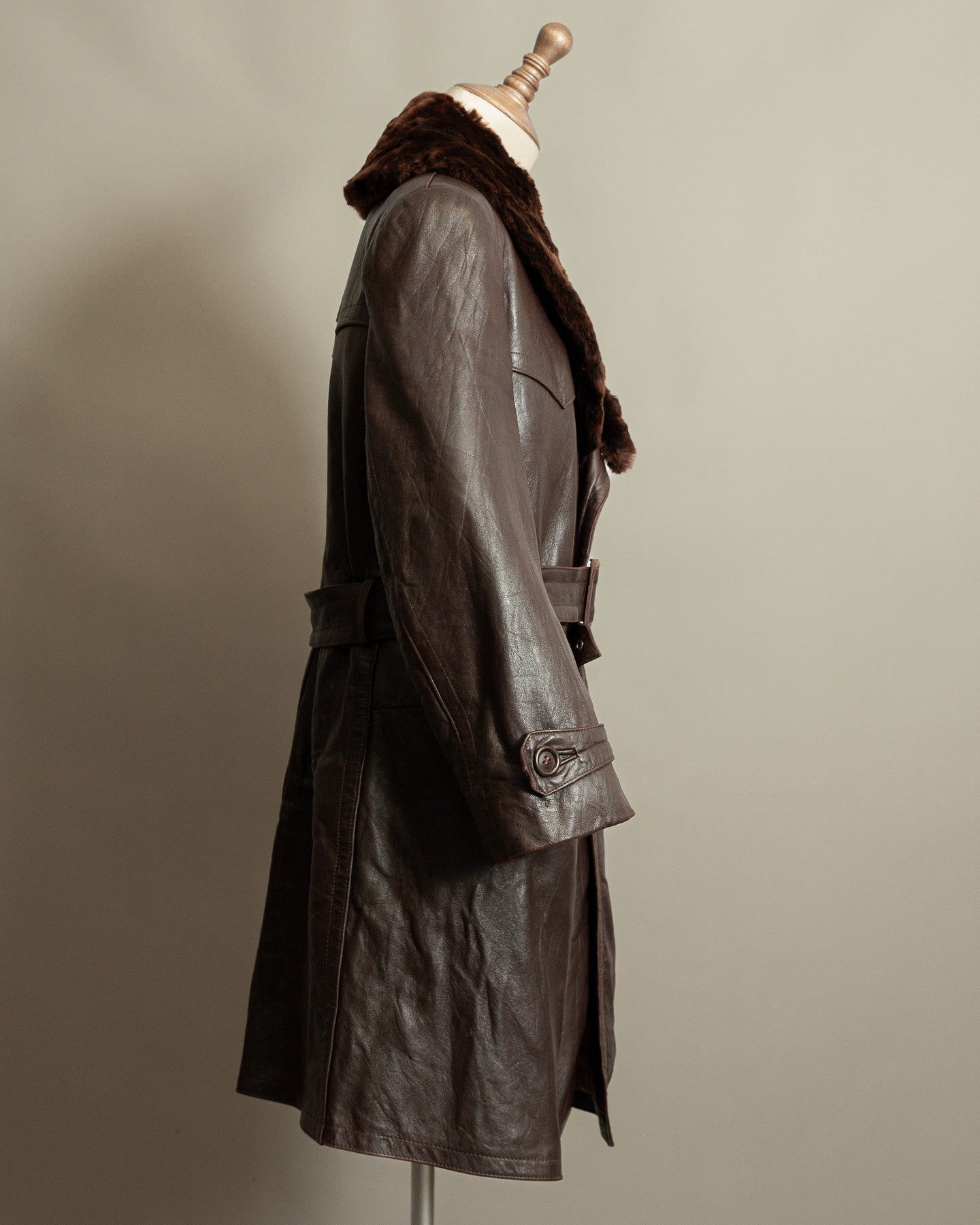 1940s German Vintage Ledermantel Leather Trench Coat "Fur Collar"