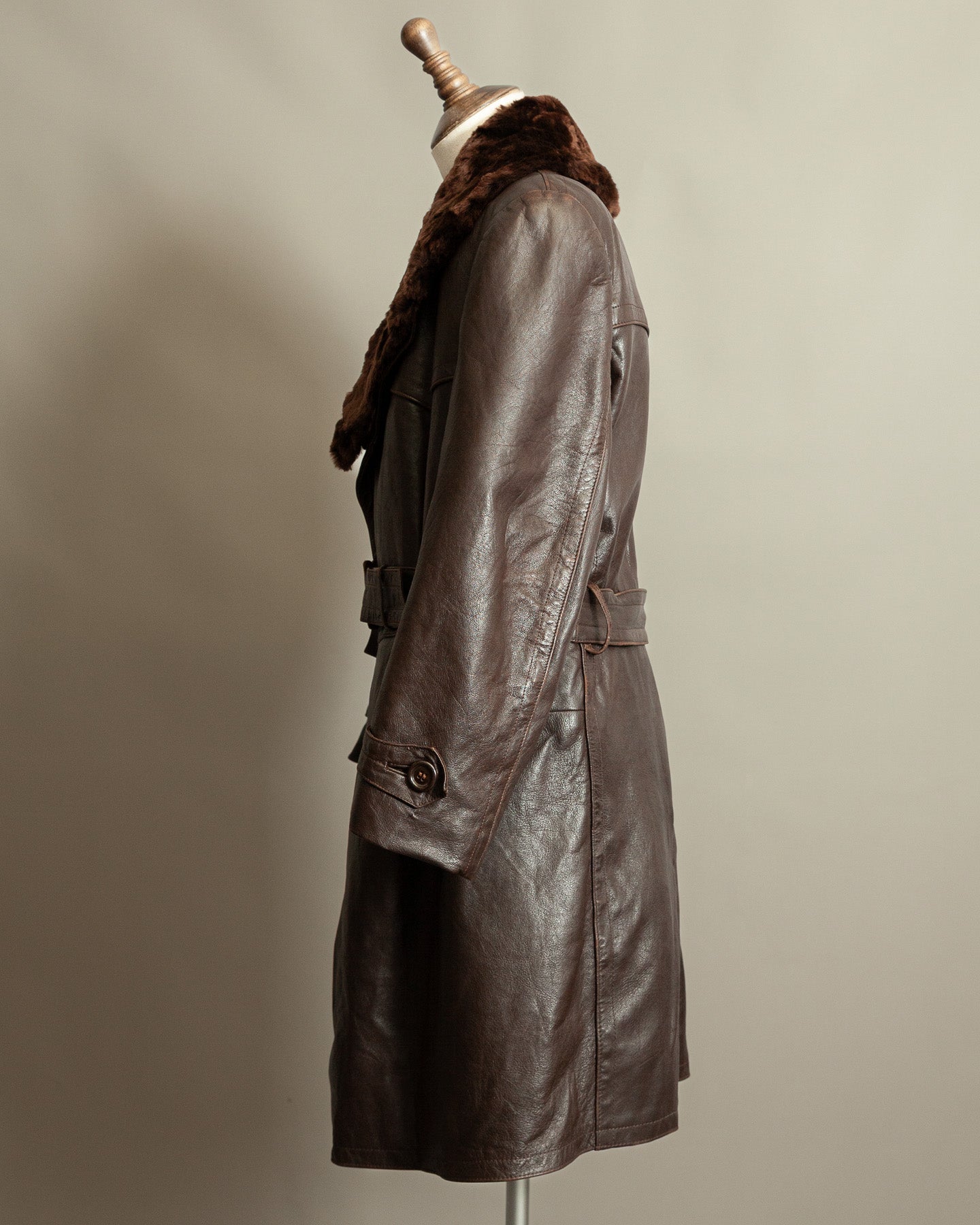 1940s German Vintage Ledermantel Leather Trench Coat "Fur Collar"