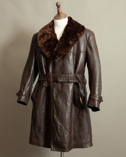 1940s German Vintage Ledermantel Leather Trench Coat "Fur Collar"