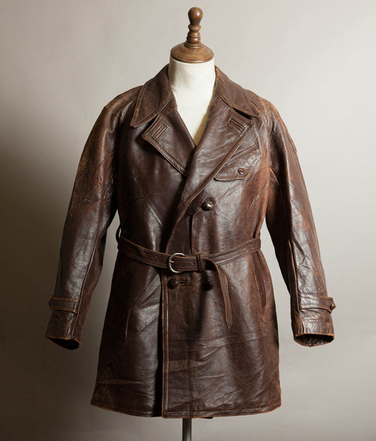 Vintage 1930s–40s French Cowhide Double-Breasted Motoring Coat