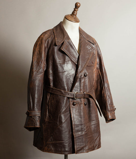 Vintage 1930s–40s French Cowhide Double-Breasted Motoring Coat