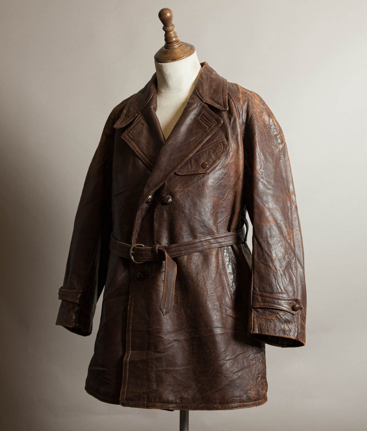 Vintage 1930s–40s French Cowhide Double-Breasted Motoring Coat